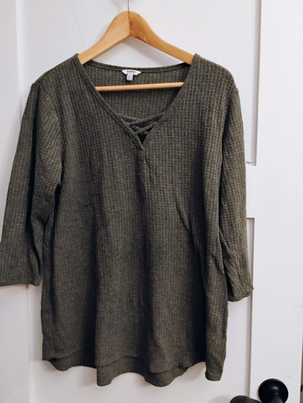 Grey Waffle Knit V-Neck Top with Lace-Up Detail